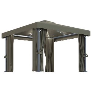 vidaXL Cenador con cortina y tira de luz LED aluminio taup&eacute; 3x3 m