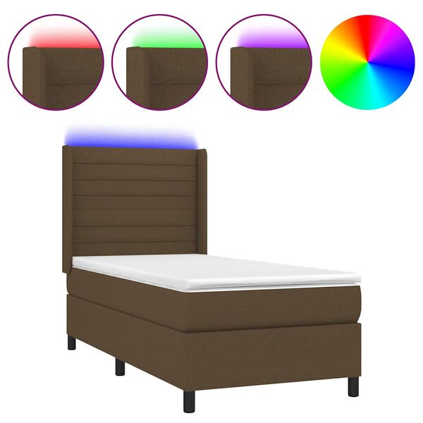 vidaXL Cama box spring colch&oacute;n y luces LED tela marr&oacute;n oscuro 90x200cm