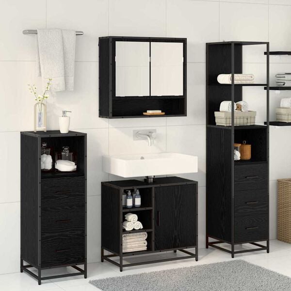 vidaXL Juego de muebles de ba&ntilde;o 3 pcs Roble Negro Madera de ingenier&iacute;a