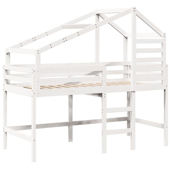 vidaXL Cama alta escalera y techo madera maciza pino blanca 90x200 cm