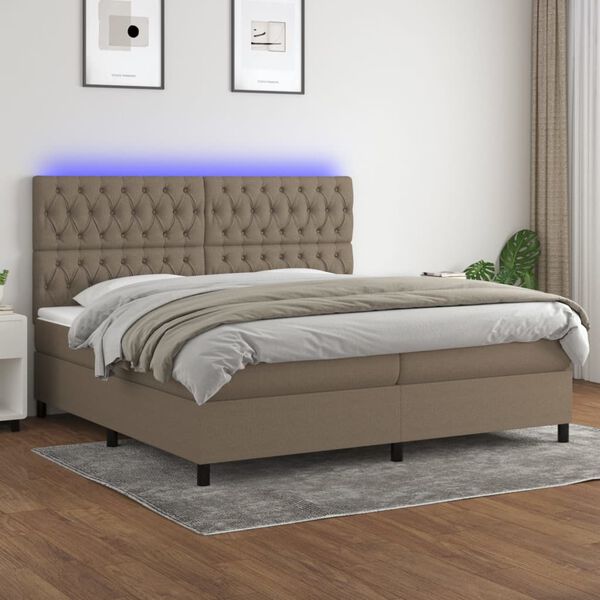 vidaXL Cama box spring colch&oacute;n y luces LED tela gris taupe 200x200 cm