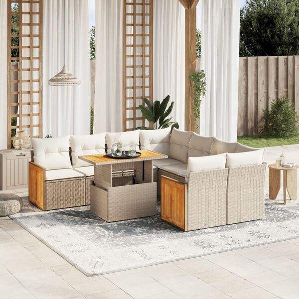 vidaXL Set de sof&aacute;s de jard&iacute;n 9 pzas con cojines rat&aacute;n sint&eacute;tico beige