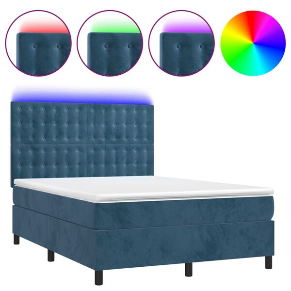vidaXL Cama box spring colch&oacute;n y LED terciopelo azul oscuro 140x190 cm