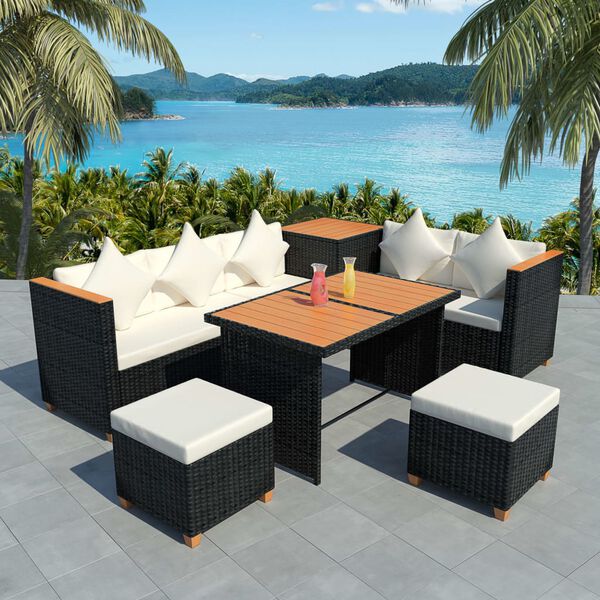 vidaXL Set muebles de jardín 7 piezas y cojines ratán sintético negro
