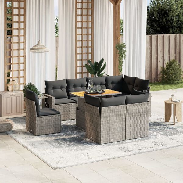 vidaXL Set de muebles de jard&iacute;n 9 pzas y cojines rat&aacute;n sint&eacute;tico gris