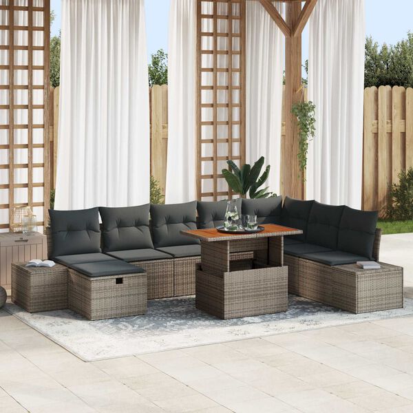 vidaXL Conjunto de sof&aacute; de jard&iacute;n 9 pcs Gris Polirat&aacute;n