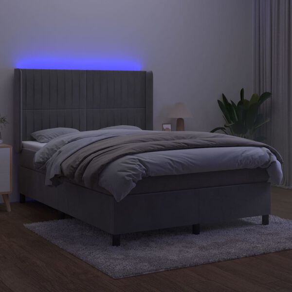 vidaXL Cama box spring colch&oacute;n y LED terciopelo gris claro 140x200 cm