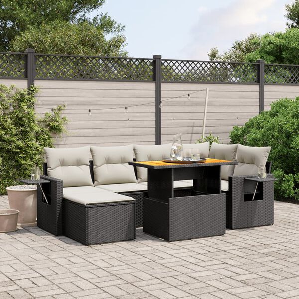 vidaXL Set de comedor de jard&iacute;n 7 pzas y cojines rat&aacute;n sint&eacute;tico negro