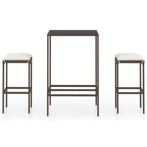 vidaXL Set de bar de jard&iacute;n 3 piezas y cojines rat&aacute;n sint&eacute;tico marr&oacute;n