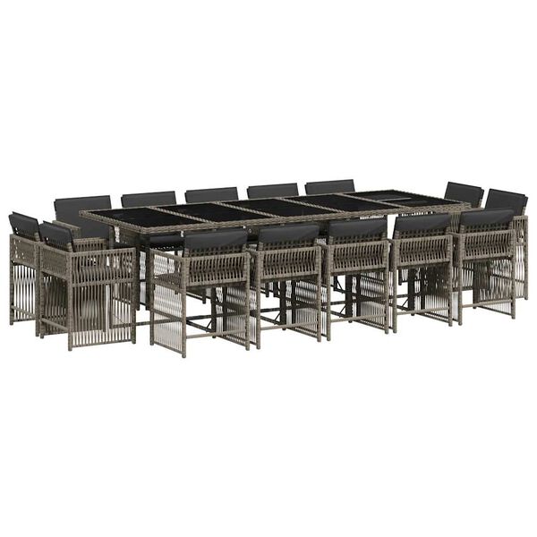 vidaXL Set comedor de jard&iacute;n con cojines 15 pzas rat&aacute;n sint&eacute;tico gris