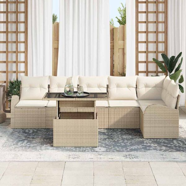 vidaXL Conjunto de sofá de jardín con cojín 7 pcs Beige Poliratán