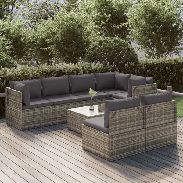 vidaXL Set de muebles de jard&iacute;n 8 pzas y cojines rat&aacute;n sint&eacute;tico gris