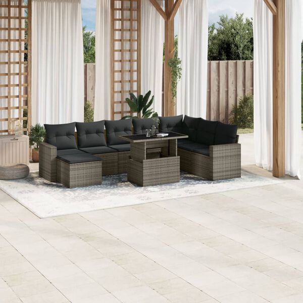 vidaXL Set de muebles de jard&iacute;n 9 pzas y cojines rat&aacute;n sint&eacute;tico gris