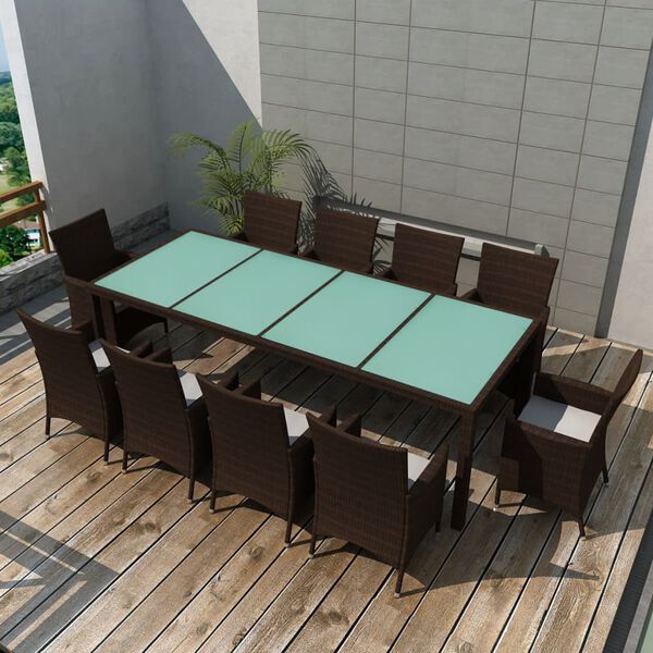 vidaXL Set comedor de jardín 11 pzas y cojines ratán sintético marrón