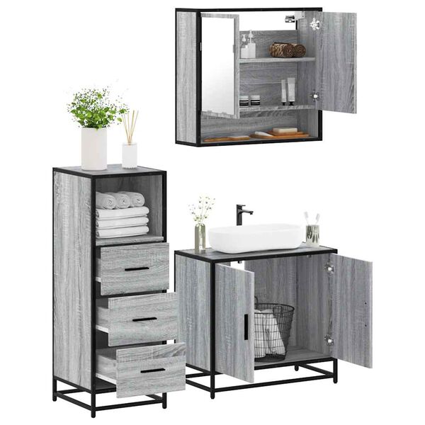 vidaXL Set de muebles de ba&ntilde;o 3 pzas madera contrachapada gris sonoma