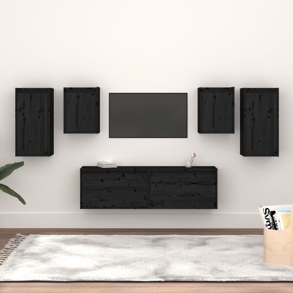 vidaXL Muebles para TV 6 piezas madera maciza de pino negro