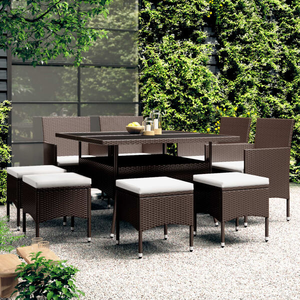 vidaXL Juego de comedor de jard&iacute;n 9 piezas rat&aacute;n sint&eacute;tico marr&oacute;n