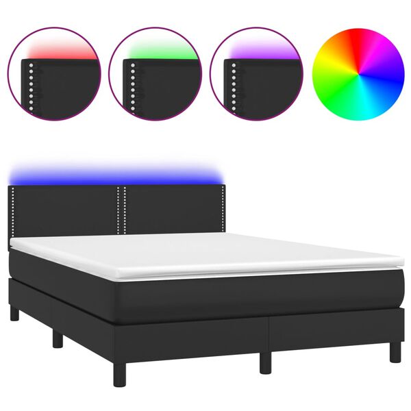 vidaXL Cama box spring colch&oacute;n y LED cuero sint&eacute;tico negro 140x190 cm