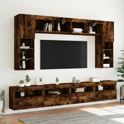 vidaXL Muebles de TV de pared con luces LED 8 piezas roble ahumado