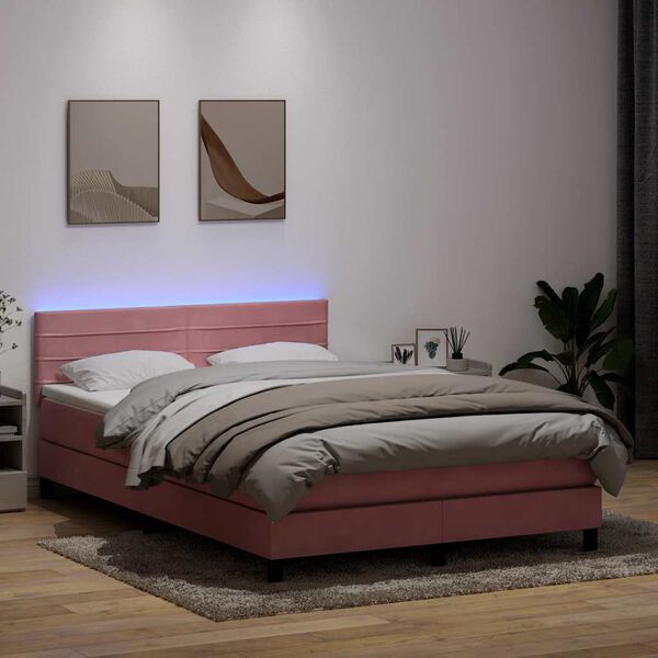 vidaXL Cama box spring con colch&oacute;n y LED terciopelo rosa 160x220 cm