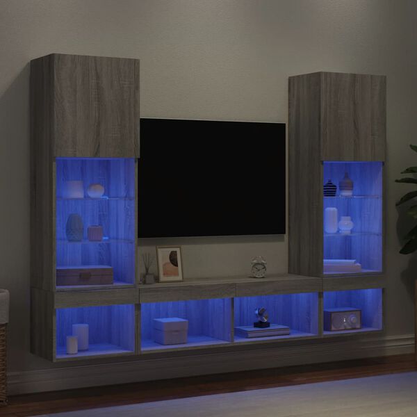 vidaXL Muebles TV pared con LED 5 pzas madera ingenier&iacute;a gris Sonoma