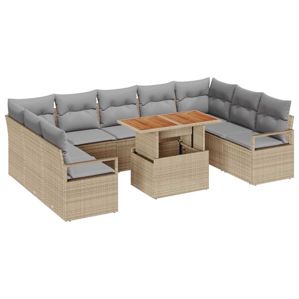 vidaXL Conjunto de sof&aacute; de jard&iacute;n 10 pcs Beige Polirat&aacute;n
