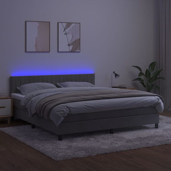 vidaXL Cama box spring colch&oacute;n y LED terciopelo gris claro 160x200 cm