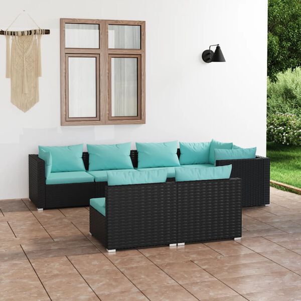vidaXL Set de muebles de jard&iacute;n 7 pzas y cojines rat&aacute;n sint&eacute;tico negro