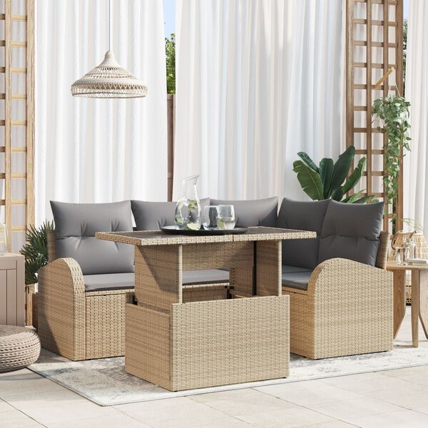 vidaXL Conjunto de sof&aacute; de jard&iacute;n con coj&iacute;n 5 pcs Beige Polirat&aacute;n