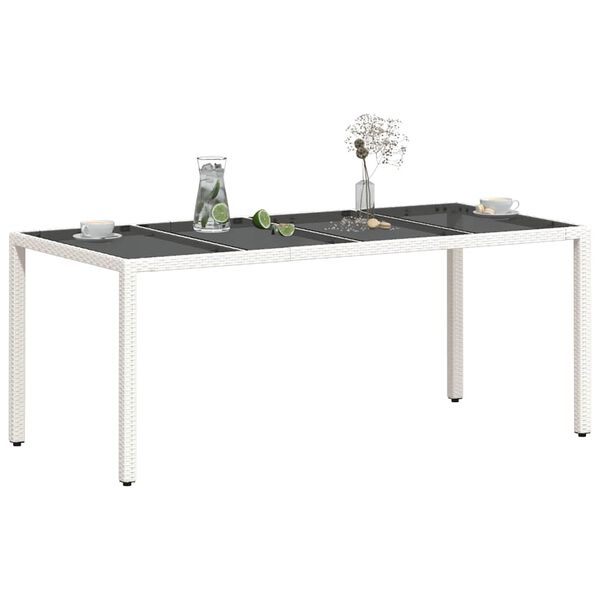vidaXL Mesa de jard&iacute;n superficie de vidrio rat&aacute;n PE blanco 190x90x75cm