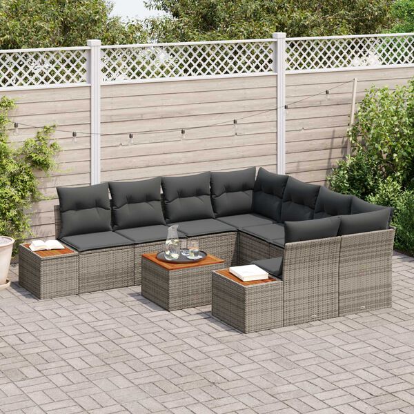 vidaXL Conjunto de sof&aacute; de jard&iacute;n con coj&iacute;n 9 pcs Gris Polirat&aacute;n