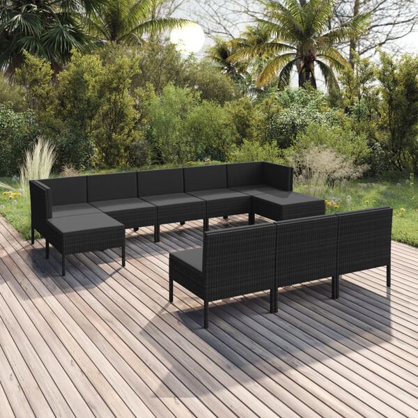 vidaXL Set de muebles de jard&iacute;n 10 pzas cojines rat&aacute;n sint&eacute;tico negro