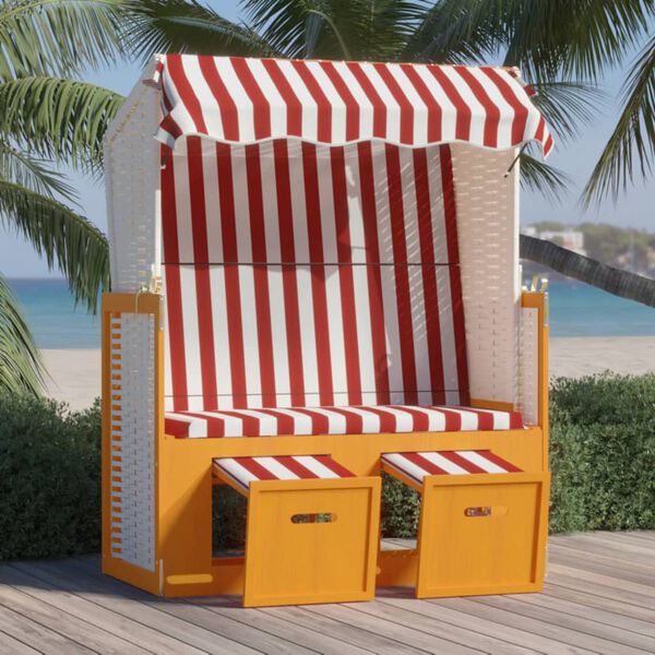 vidaXL Silla playa Strandkorb dosel rat&aacute;n sint&eacute;tico madera rojo blanco