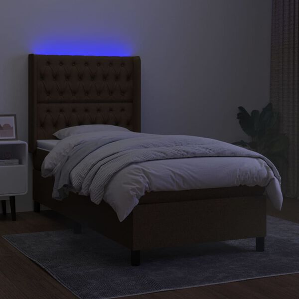 vidaXL Cama box spring colch&oacute;n y luces LED tela marr&oacute;n oscuro 90x190cm