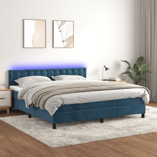 vidaXL Cama box spring colch&oacute;n y LED terciopelo azul oscuro 160x200 cm