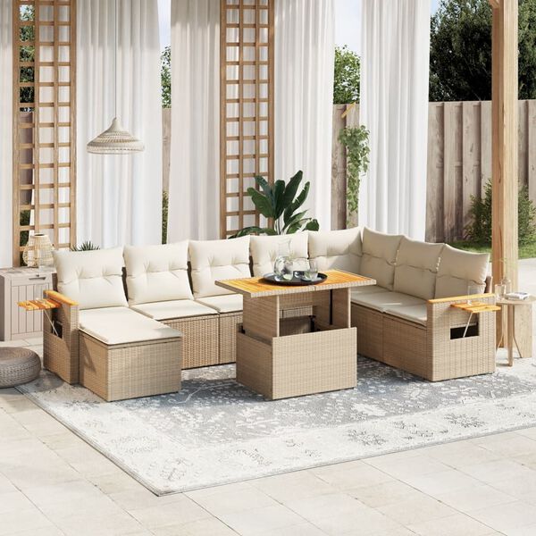 vidaXL Set de sof&aacute;s de jard&iacute;n 9 pzas con cojines rat&aacute;n sint&eacute;tico beige