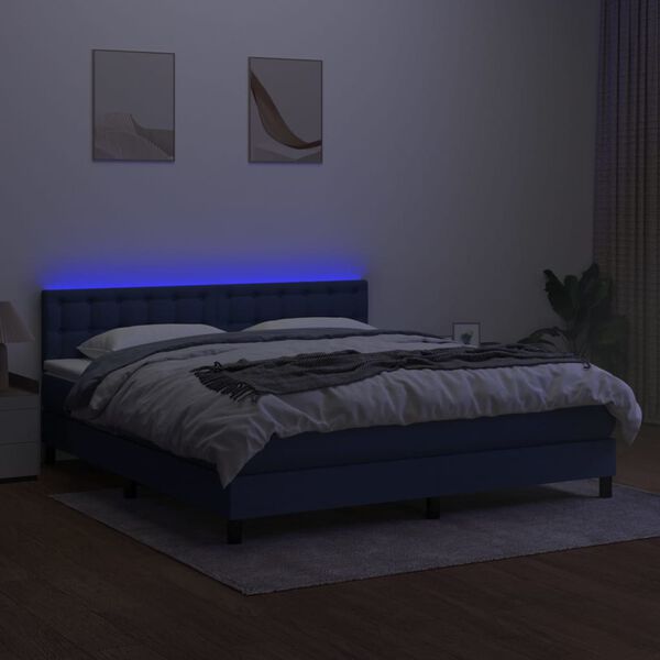 vidaXL Cama box spring colch&oacute;n y luces LED tela azul 160x200 cm