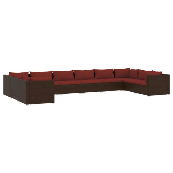 vidaXL Set muebles de jard&iacute;n 10 piezas cojines rat&aacute;n sint&eacute;tico marr&oacute;n