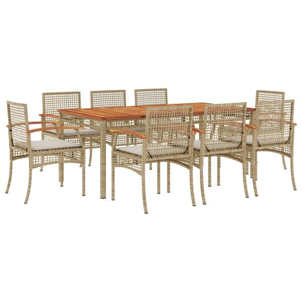 vidaXL Set comedor de jard&iacute;n 9 pzas con cojines rat&aacute;n sint&eacute;tico beige
