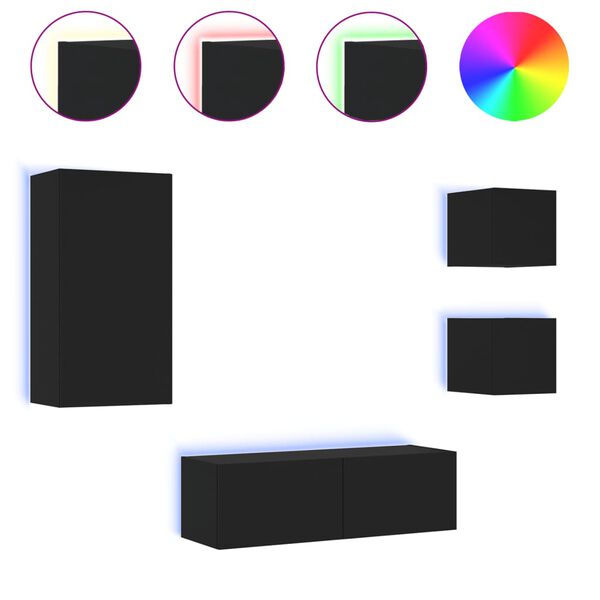 vidaXL Muebles de TV de pared con luces LED 4 piezas negro