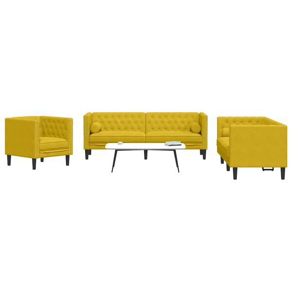 vidaXL Set de sof&aacute;s Chesterfield y cojines 3 pzas terciopelo amarillo