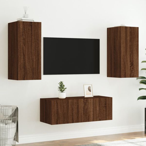 vidaXL Muebles TV pared con LED 4 pzas madera ingenier&iacute;a marr&oacute;n roble
