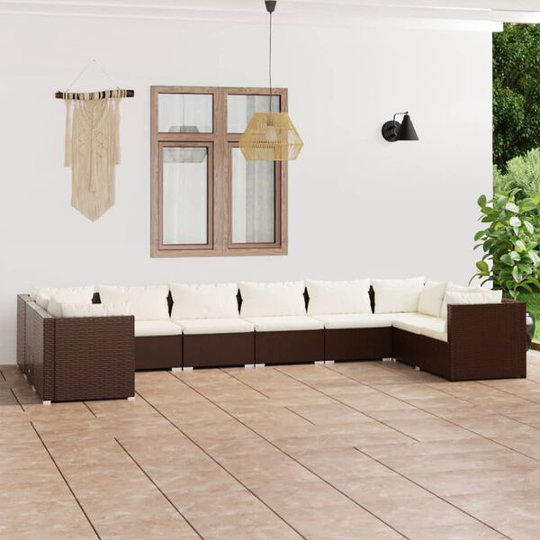 vidaXL Set muebles de jard&iacute;n 10 pzas y cojines rat&aacute;n sint&eacute;tico marr&oacute;n