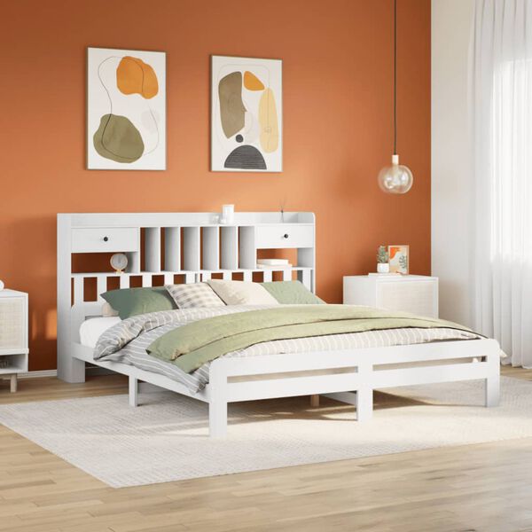 vidaXL Cama con estantería sin colchón madera maciza blanca 180x200 cm