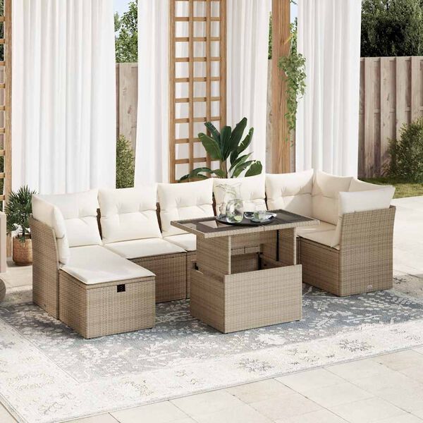 vidaXL Set de sof&aacute;s de jard&iacute;n y cojines 8 piezas rat&aacute;n sint&eacute;tico beige