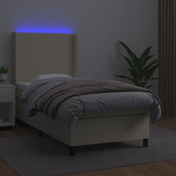 vidaXL Cama box spring y colch&oacute;n LED cuero sint&eacute;tico crema 90x190 cm