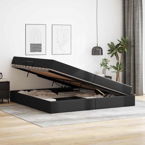 vidaXL Cama con almacenamiento y colch&oacute;n con colch&oacute;n 2 pcs Negro Cuero