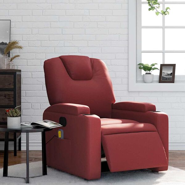 vidaXL Sillón de masaje reclinable de cuero artificial rojo tinto