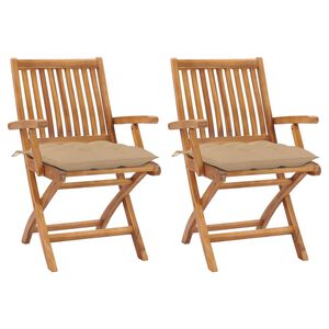 vidaXL Sillas plegables (2 unidades) con cojines beige, de madera maciza de teca.