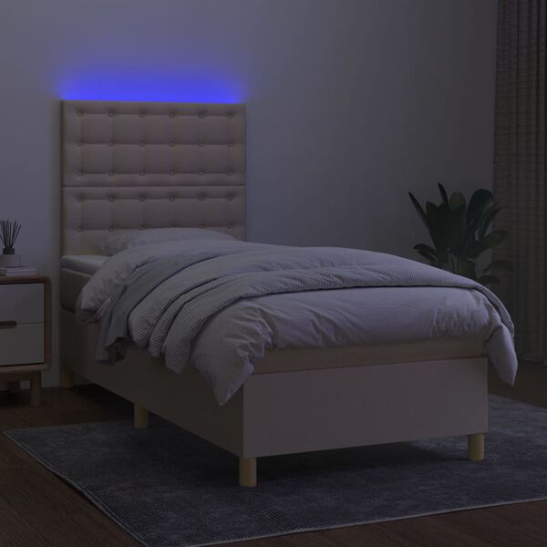 vidaXL Cama box spring colch&oacute;n y luces LED tela color crema 90x190 cm